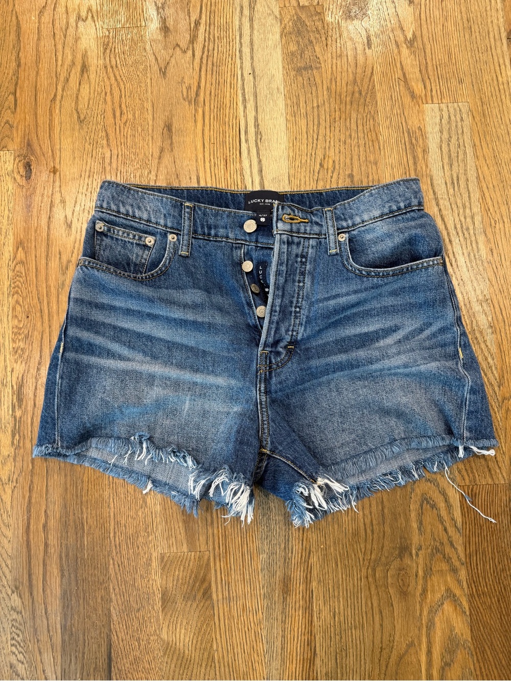 Lucky Brand Mid-High Rise Frayed Hem Denim Shorts in Blue Wash